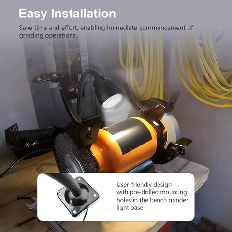 Hella Bright 5W Led Bench Grinder Work Light Fixture Upgrade For Boss Level Grind Precision and Killer Visual Clarity Across Your Entire Weekend Garage Workshop Space showing installation on an orange grinder with flexible neck.