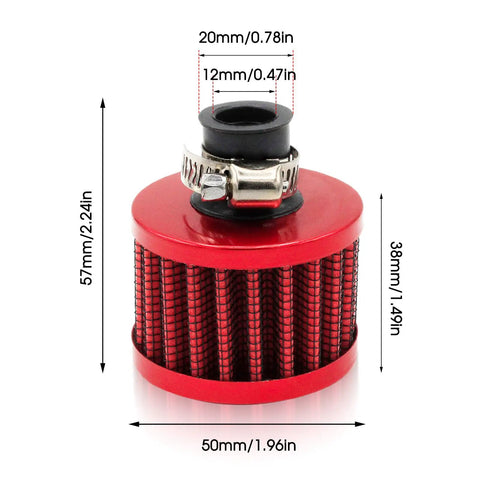 Red Air Filter Breather Valve Cover for Predator 212cc and 196cc Engines with size measurements