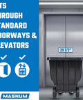 Tilt Dump Cart With Covered 1 Cu Yd Capacity, visible in front of an elevator showing 29.5-inch width for standard doorways.