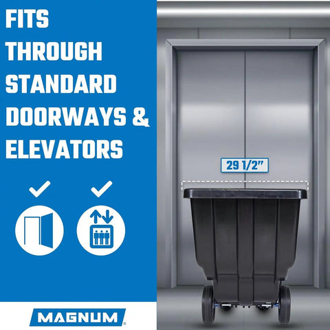 Tilt Dump Cart With Covered 1 Cu Yd Capacity, visible in front of an elevator showing 29.5-inch width for standard doorways.
