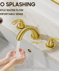 Brushed Gold Widespread 8 Inch 2-Handle Bathroom Faucet With 3-Hole Setup And Metal Pop Up Drain Assembly flowing water