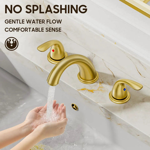 Brushed Gold Widespread 8 Inch 2-Handle Bathroom Faucet With 3-Hole Setup And Metal Pop Up Drain Assembly flowing water