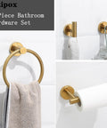 Brushed Gold Stainless Steel Bathroom Hardware Set with hand towel ring, toilet paper holder, two robe towel hooks, hidden screws