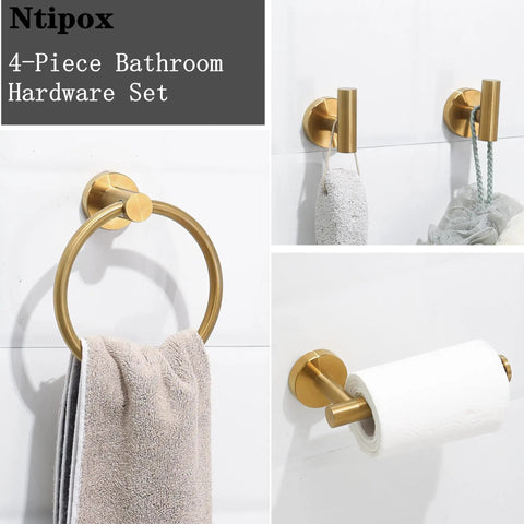 Brushed Gold Stainless Steel Bathroom Hardware Set with hand towel ring, toilet paper holder, two robe towel hooks, hidden screws