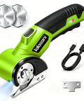 Heavy Duty Cordless Electric Box Cutter With Powerful 320Rpm Motor And Auto-Feed Scissors Design For Effortless Cardboard Cutting Quiet Operation Rechargeable Battery Included showing green cordless cutter with blades and USB cable.