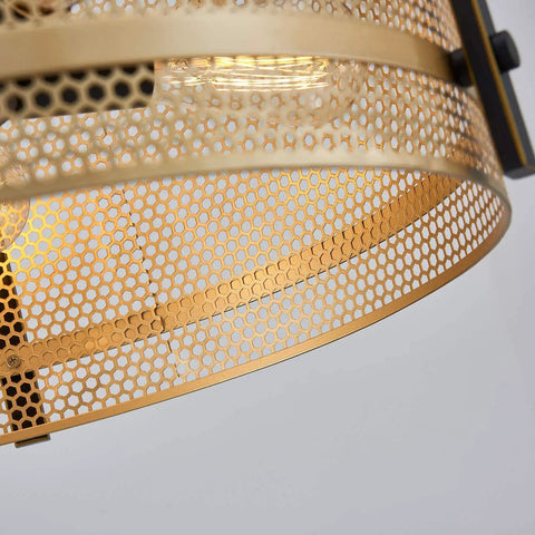 Close-up of Farmhouse Drum Chandeliers Pendant Light Fixture with gold mesh shade and black frame, detail of 5 E26 sockets visible