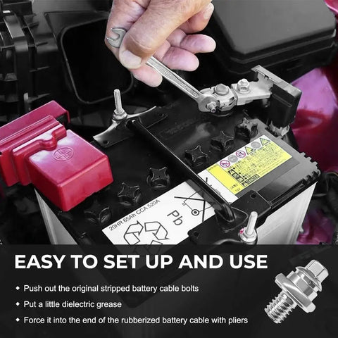 Four Pack Three Eighth Standard Side Battery Terminal Bolts Premium Quality Top Post To Side Post Adapter Short Studs Vehicle Cable Connectors No Sweat Hookup Hardware installed on car battery.