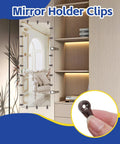 Heavy Duty Brown Mirror Hanging Clips 25 Pack Easy Snap Glass Retainer Brackets for Cabinets and Vanities displayed on wall.