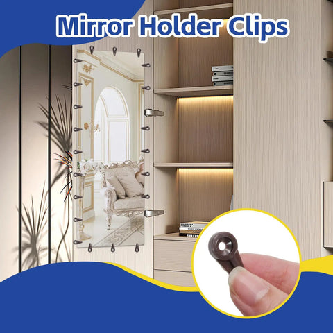 Heavy Duty Brown Mirror Hanging Clips 25 Pack Easy Snap Glass Retainer Brackets for Cabinets and Vanities displayed on wall.