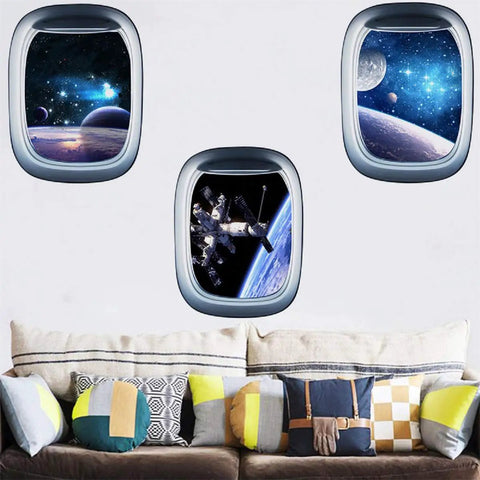 3D Planet Universe Galaxy Space Wall Decals Set With Spacecraft And Astronauts Peel And Stick Removable PVC Wall Murals on a living room wall