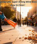 Leaf blower featuring Airflow Booster Turbo Extension clearing leaves on a city sidewalk, fits 2 to 4 inch nozzles, black 1PC.