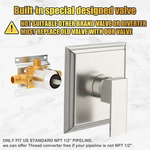 8 Inch Rainfall Shower Head Shower Faucet Set With 3 Way Valve And Brushed Nickel Trim No Fuss Easy Install Single Function Shower System For Modern Bathrooms showing brass rough-in valve and brushed nickel trim control on white background.