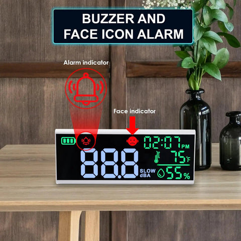 Dope 13 Inch LED Decibel Meter With Time Temperature Humidity Readouts Measures 30 To 130 dB Wall Mount Or Desktop Sound Level Monitor With Buzzer Alarm For Classroom Studio And Home Use, desktop view
