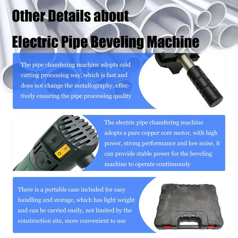 Heavy Duty Electric Pipe Beveling Machine Auto Centering Tube Chamfering Tool with cold cutting for pipes, in use with tubing.