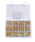 265 Piece Zinc Alloy Screw Nut Inserts Set For Wood Furniture 12 Sizes With Hex Socket Drive displayed in a plastic organizer