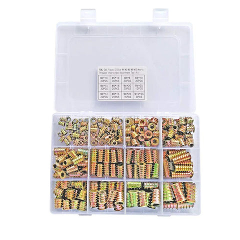 265 Piece Zinc Alloy Screw Nut Inserts Set For Wood Furniture 12 Sizes With Hex Socket Drive displayed in a plastic organizer