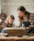 Mother and daughter using Indoor Bonsai Tree Kit For Beginners Complete Growing Set With Live Plants on wooden table