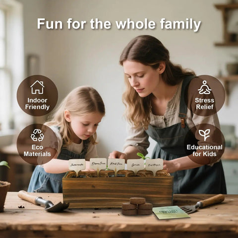 Mother and daughter using Indoor Bonsai Tree Kit For Beginners Complete Growing Set With Live Plants on wooden table