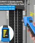 Digital Circuit Breaker Finder With GFCI Tester And Color LCD Display For Ninety To One Hundred Thirty Five Volts AC Circuits Quick Breaker Identification Built In Buzzer Alarm Batteries Included And Carrying Case Easy Setup in use next to circuit panel.