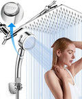Woman enjoying 12 Inch Shower Head With Extension Arm And Handheld Spray 9 Setting Rain Shower System With 3 Way Diverter