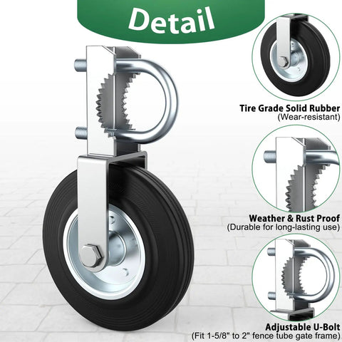 Heavy Duty Gate Wheels Two Pack Slick Support Casters For Metal Swing Gates Fits One Point Five Eight Inch To Two Inch Frames close-up of rubber wheel and mounting system