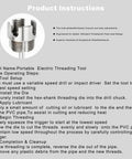 Diagram of a threading tool with instructions for portable electric threading tool focusing on ease of use and durability.