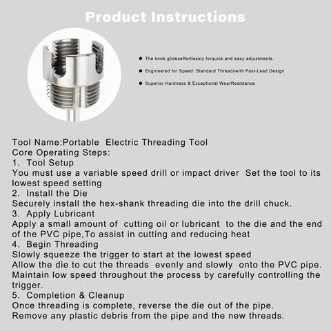 Diagram of a threading tool with instructions for portable electric threading tool focusing on ease of use and durability.
