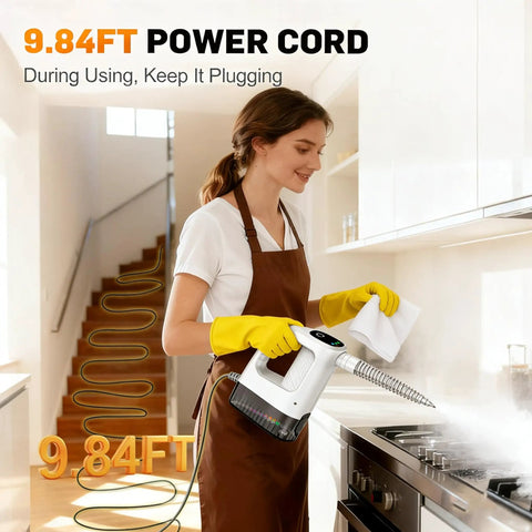 Heavy Duty Handheld Steam Cleaner Featuring Lightning Fast 15 Second Instant Heat And Muscle Packed 1200 Watt Motor, Generous 400 Ml Water Tank For Scrubbing Grout Floors With Zero Sweat in kitchen with 9.84ft power cord.