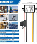 DC 24V To 12V Buck Converter 60W 5A Waterproof Regulator with labels, wires, and waterproof fuse, dimensions highlighted.