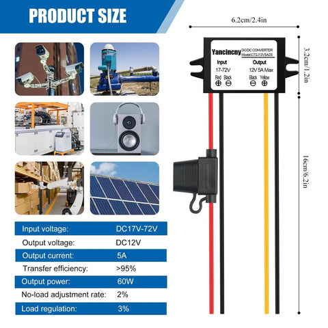 DC 24V To 12V Buck Converter 60W 5A Waterproof Regulator with labels, wires, and waterproof fuse, dimensions highlighted.