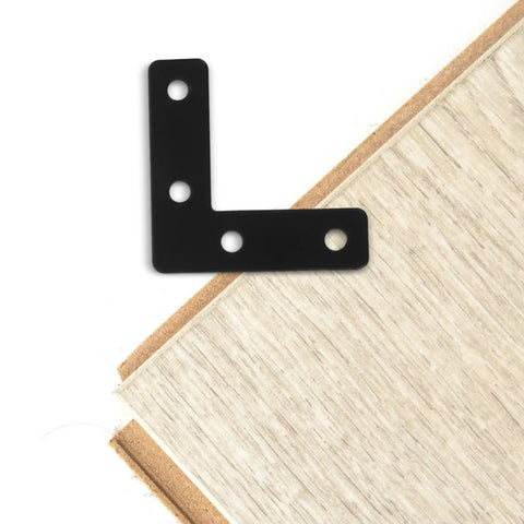Stainless Steel L Shaped Corner Braces 20 Pack For Picture Frames And Desk Supports Black 5x5 cm on wood surface