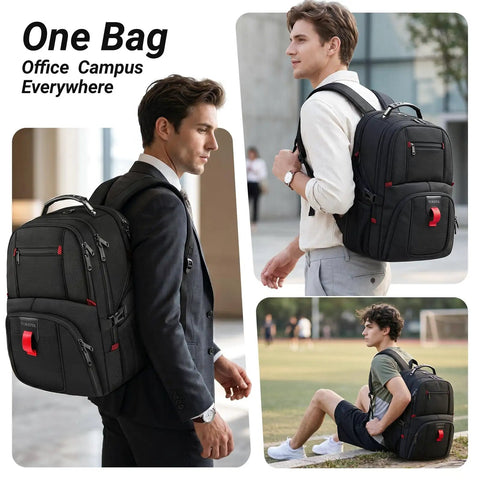 Heavy Duty Built Tough 17 Inch Laptop Backpack For Men And Women, shown for office and campus use, water resistant, black.