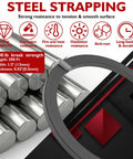 Pro Grade 1/2 Inch Steel Strapping Kit 200 Feet Roll With 1100 Lb Break Strength showing steel strap details and properties.