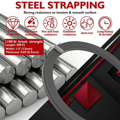 Pro Grade 1/2 Inch Steel Strapping Kit 200 Feet Roll With 1100 Lb Break Strength showing steel strap details and properties.