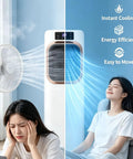 Two In One Evaporative Air Cooler And Portable Space Heater Tower Unit For No Sweat Setup Total Cool Breeze And Quick Warmth All Season Adjustable Modes For Home Office Compact Climate Control beside a fan, shown cooling a woman.