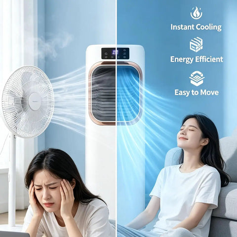 Two In One Evaporative Air Cooler And Portable Space Heater Tower Unit For No Sweat Setup Total Cool Breeze And Quick Warmth All Season Adjustable Modes For Home Office Compact Climate Control beside a fan, shown cooling a woman.