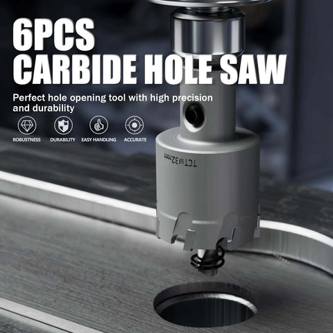 Carbide hole saw set (6-piece) with titanium-plated pilots and springs, mounted on a drill.