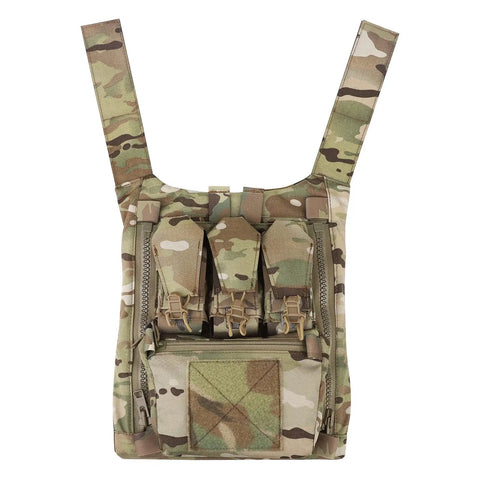 Ultimate Tactical Backpack With Zip On Back Panel For V5 Vest Compatible MC, camo design, front view with pockets and straps
