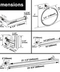 Heavy Duty Brushed Nickel Bathroom Hardware Set dimensions showing towel bars, towel ring, and toilet paper holder sizes