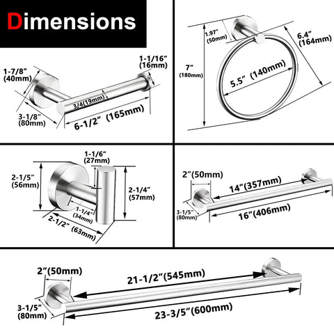 Heavy Duty Brushed Nickel Bathroom Hardware Set dimensions showing towel bars, towel ring, and toilet paper holder sizes