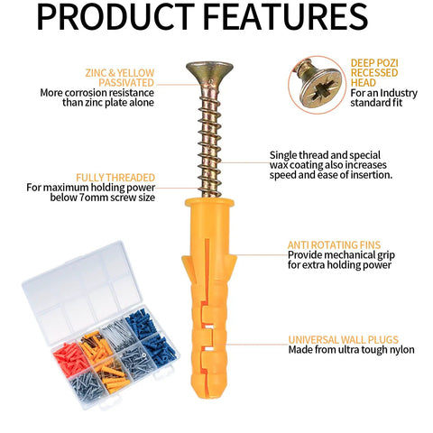 Product features of Must Have Wall Anchors And Screws Kit For Home DIY Projects Includes Drywall Anchors Flat Head Self Tapping Screws Plastic