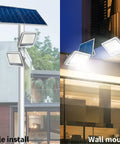 Two Pack 300W Solar Flood Lights Outdoor With Remote No Sweat, 30,000 Lumens Dimmable Security Lights on pole and wall mount