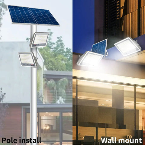 Two Pack 300W Solar Flood Lights Outdoor With Remote No Sweat, 30,000 Lumens Dimmable Security Lights on pole and wall mount