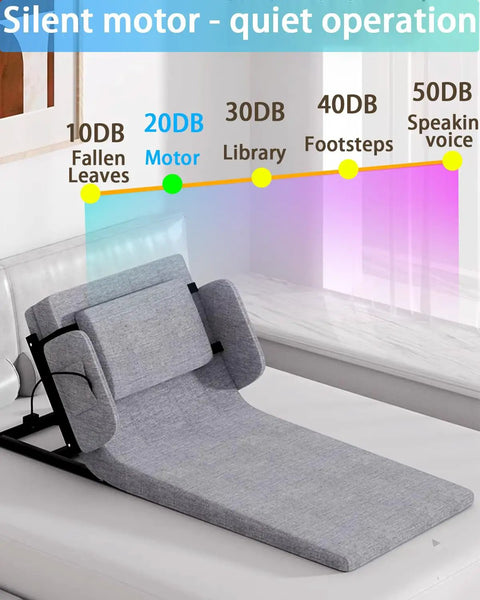 Heavy Duty Electric Bed Lift Assistant For Elderly And Disabled, Smooth Up Right Support With Remote Control, Adjustable Backrest 2 To 80 Degrees, Silent Motor, No Strain To Get Out Of Bed Safely, showing a gray fabric adjustable backrest on a bed.