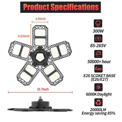 Infographic of Super Bright 300w Deformable Led Garage Lights With Five Adjustable Panels and specs like 6000K daylight