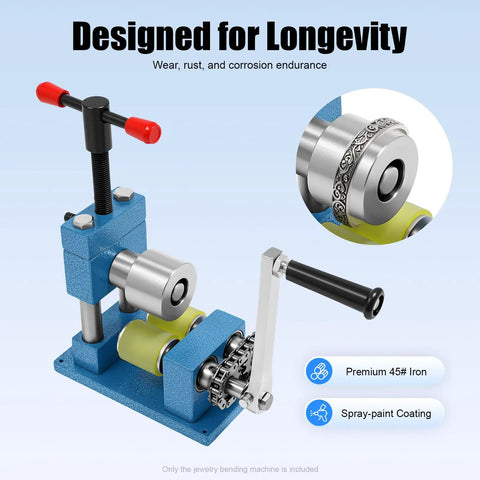 Manual Rolling Mill Machine For Jewelry Making, Hand Crank Ring And Bracelet Bending Kit in blue with iron build, side view