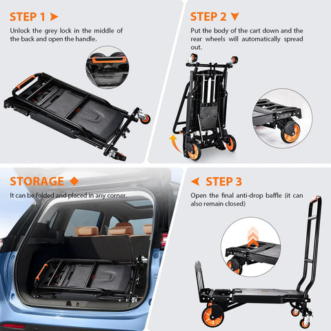 Folding hand truck with steel frame and orange 4-wheel design, 500 lb capacity for luggage and moving.