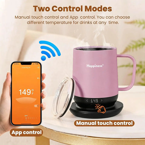 Smart Electric Heated Coffee Mug With Precision Temperature Setting And Rechargeable Coaster To Keep Your Daily Brew Piping Hot And Sipping Smooth On The Go 12 Oz Spill Resistant Travel Mug with app control and manual touch settings.