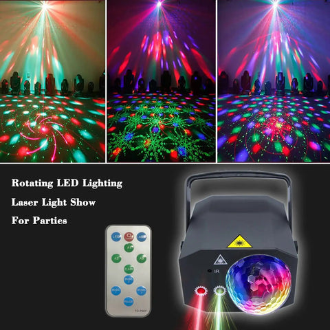Two In One Party Lights Rotating Disco Ball DJ Lights LED Stage Light Projector, remote, and lighting effects in use