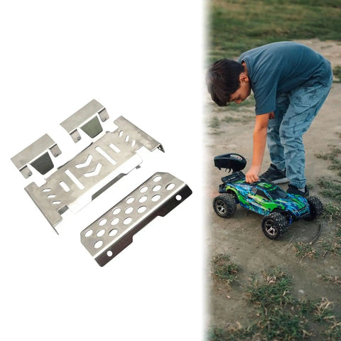 1 To 10 Scale Chassis Skid Plate Upgrade Kit for YK4106 YK4107 RC Model Cars shown with RC car and child playing outdoors